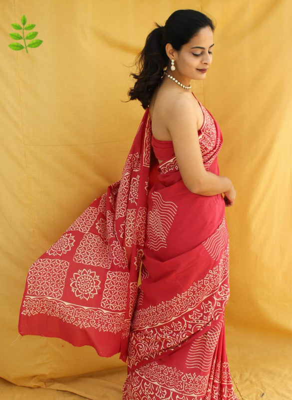 Red & White Coloured Beautiful Hand Block printed Women Daily/Party wear Pure Cotton Saree with Blouse!!