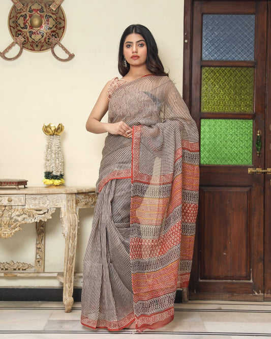 Grey & Red Coloured Kota Doria Hand Block Printed Cotton Saree with Blouse!!