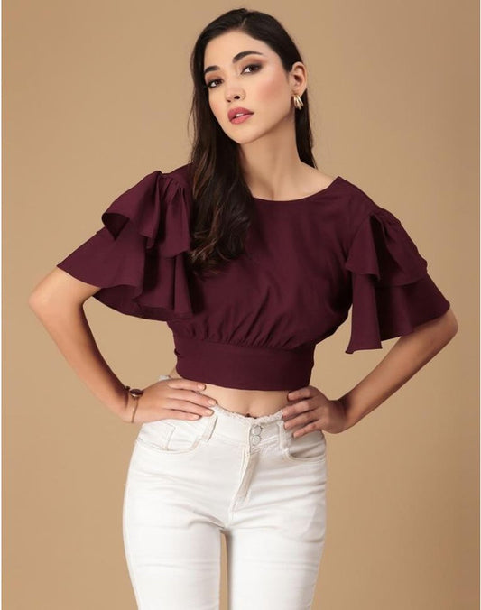 Maroon Coloured Premium Crepe Solid Flared Sleeves Round Neck Women Party wear Western Top!!