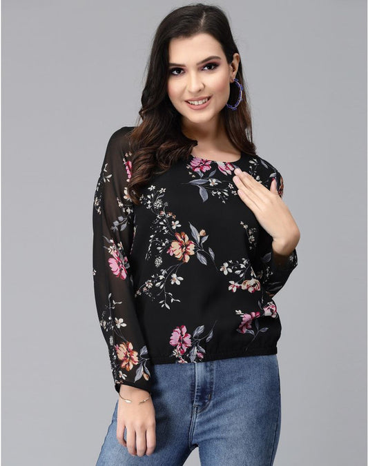 Black Coloured Premium Weight less Crepe Printed Full Sleeves Round Neck Women Party wear Western Top!!