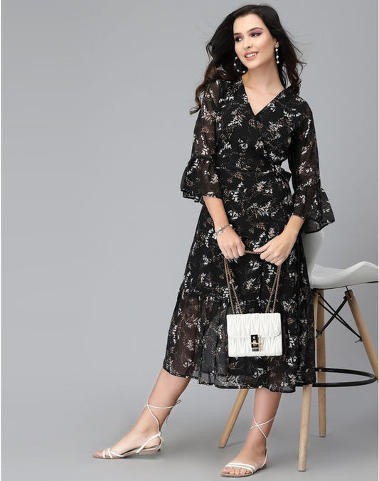 Black & Multi Coloured Premium Georgette Lycra Floral Print Bell Sleeves V Neck Women Party wear Western Dress!!