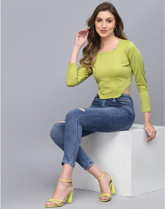 Green Coloured Premium Lycra Solid Full Sleeves Round Neck Women Party wear Western Top!!