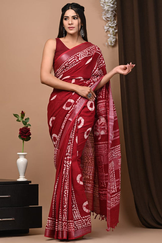 Latest Attractive Beautiful Designer Hand Block Print Linen Saree