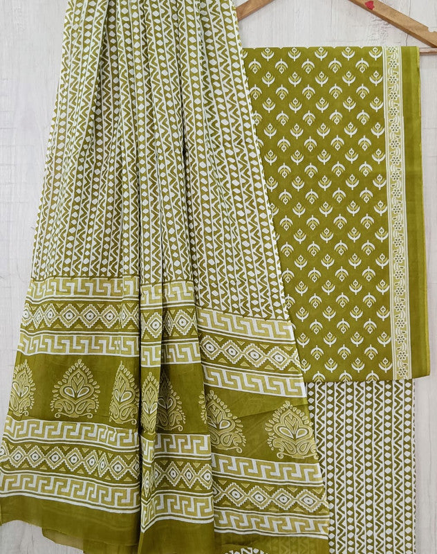 Mehendi Green & White Coloured Unstitched Pure Cotton Hand Block Printed Women Party/Daily wear Dress Material Suit- Top with Bottom & Cotton Dupatta!!