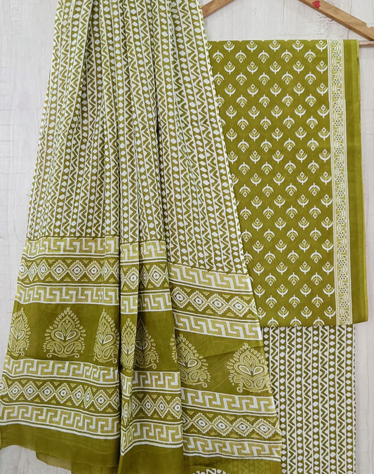 Mehendi Green & White Coloured Unstitched Pure Cotton Hand Block Printed Women Party/Daily wear Dress Material Suit- Top with Bottom & Cotton Dupatta!!