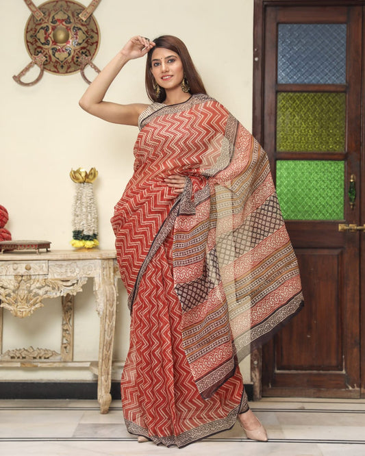 Red Coloured Kota Doria Hand Block Printed Cotton Saree with Blouse!!