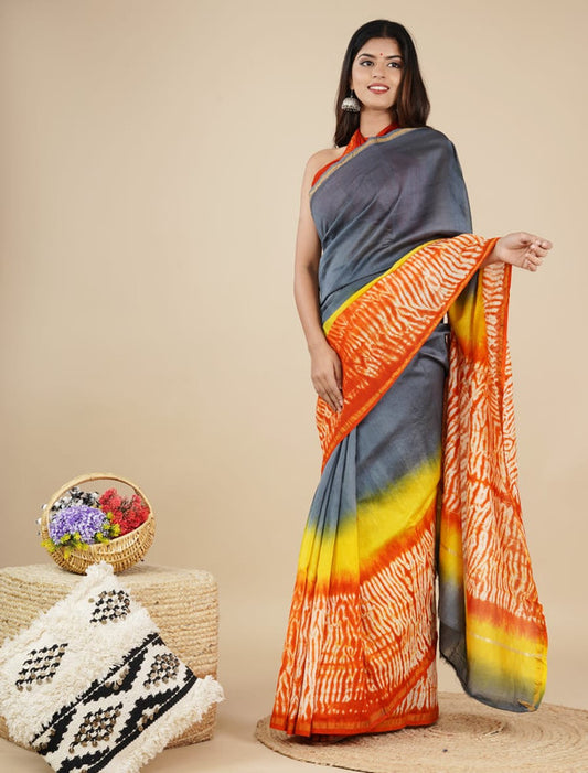 Grey & Multi Coloured Hand Block Printed Women Designer Party wear Chanderi Cotton Silk Saree with Runnin Blouse!!