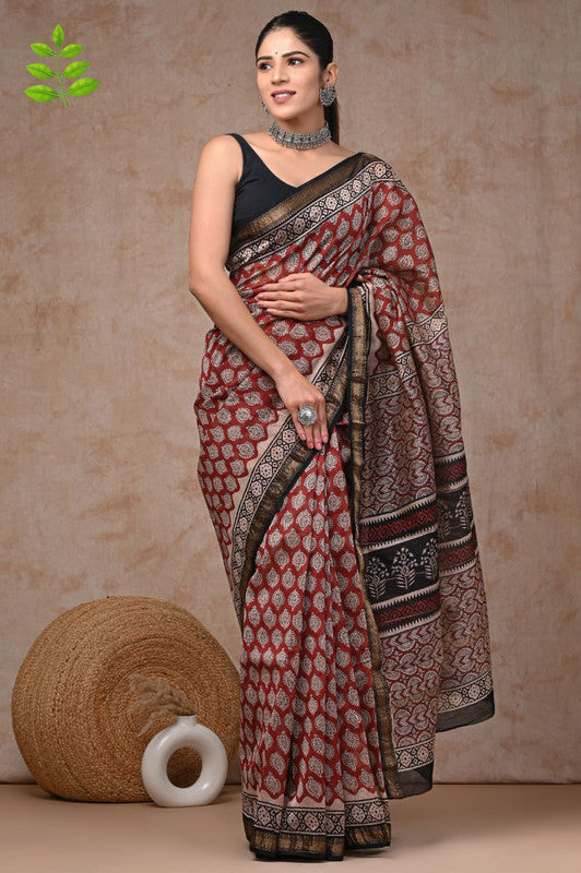 Maroon & Multi Coloured Hand Block Printed Women Designer Party wear Maheshwari Cotton Silk Saree with Runnin Blouse!!