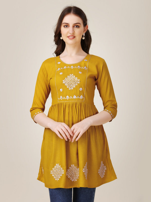 Mustard Yellow Coloured Premium Rayon with Embroidery & Sequence Work Round Neck 3/4 Sleeves work Women Party/Daily wear Western Top!!