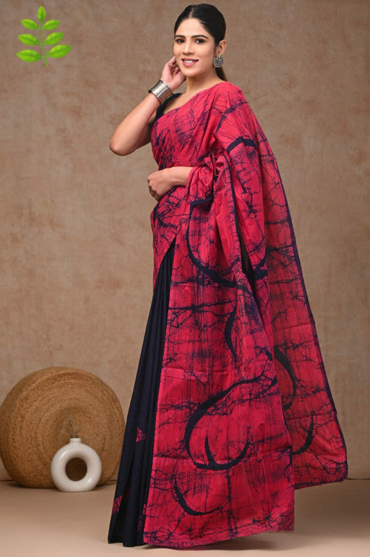 Red & Navy Blue Coloured Beautiful Hand Block printed Women Daily/Party wear Pure Cotton Saree with Blouse!!