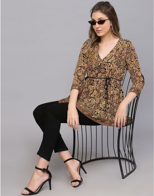 Brown Coloured Crepe Digital Floral Print Full Sleeves V Neck Women Party wear Western Top!!