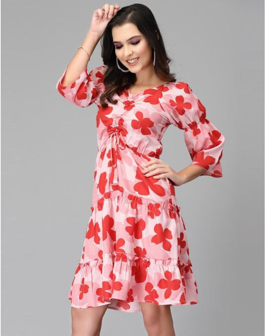 Red & Multi Coloured Premium Crepe Floral Printed 3/4 Sleeves Women Party wear Western Dress!!