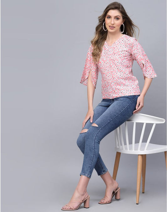 Light Pink Coloured Crepe Digital Floral Print 3/4 Sleeves V Neck Women Party wear Western Top!!