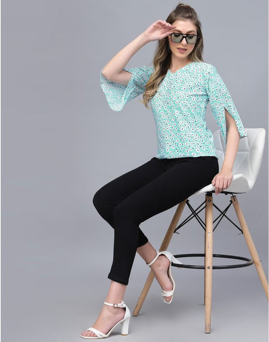 Light Turquoise Green Coloured Crepe Digital Floral Print 3/4 Sleeves V Neck Women Party wear Western Top!!