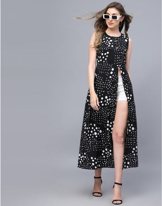 Black Coloured Premium Crepe Polka Dots Printed Sleeveless Round Neck Women Party wear Western Dress!!