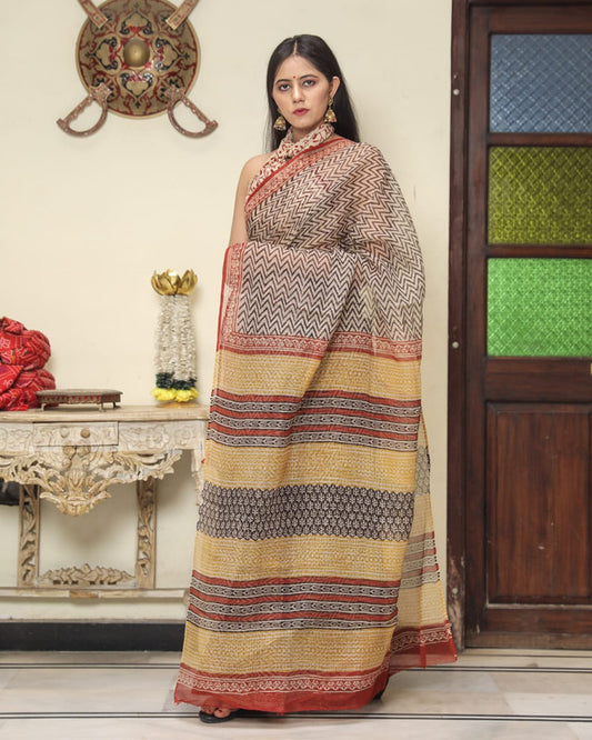 Multi Coloured Kota Doria Hand Block Printed Cotton Saree with Blouse!!