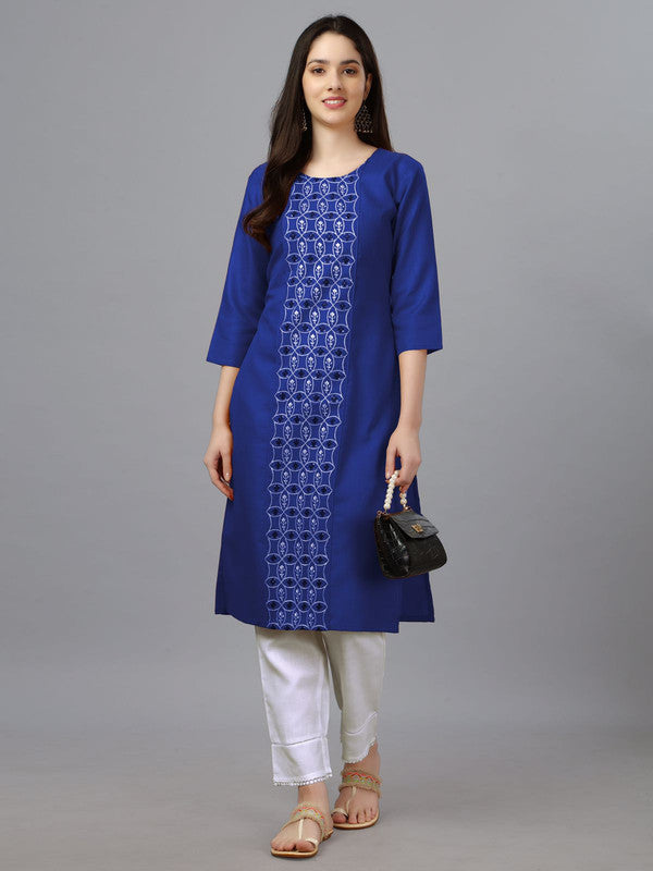 Dark Blue Coloured Pure Cotton with Embroidery work Women Designer Daily wear Kurti!!