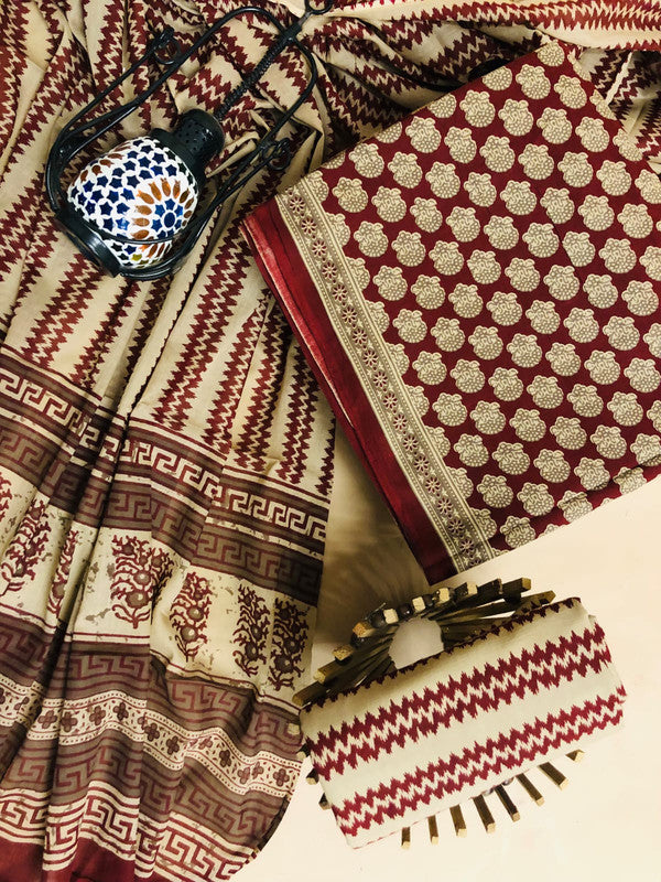 Maroon & Off White Coloured Unstitched Pure Cotton Exclusive Hand Printed Women Party/Daily wear Dress Material Suit- Top with Bottom &  Mul Cotton Dupatta!!