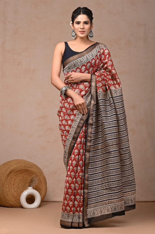 Red & Multi Coloured Hand Block Printed Women Designer Party wear Maheshwari Cotton Silk Saree with Runnin Blouse!!