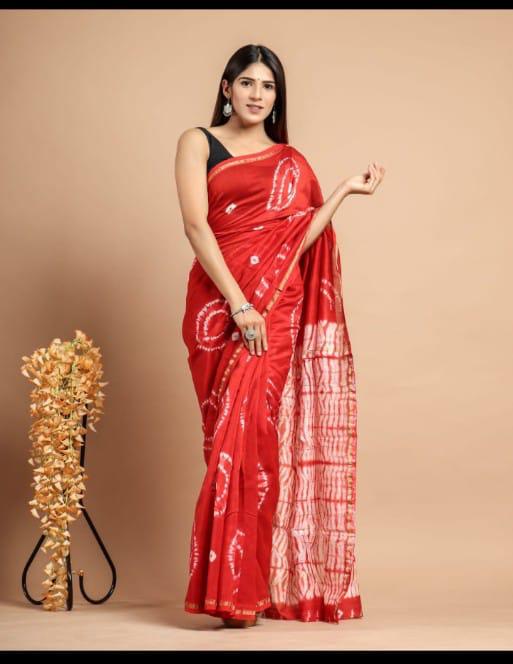 Red & Off White Coloured Hand Block Printed Women Designer Party wear Chanderi Cotton Silk Saree with Runnin Blouse!!