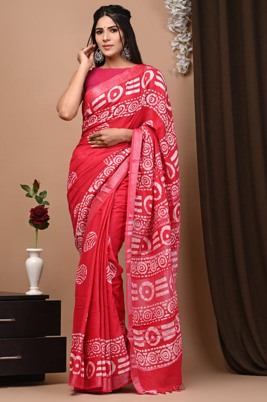 Latest Attractive Beautiful Designer Hand Block Print Linen Saree