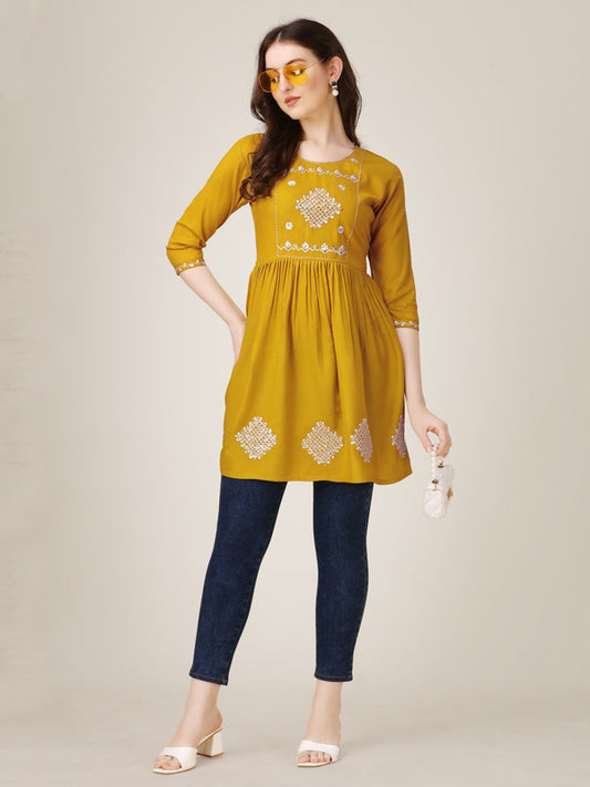 Mustard Yellow Coloured Premium Rayon with Embroidery & Sequence Work Round Neck 3/4 Sleeves work Women Party/Daily wear Western Top!!