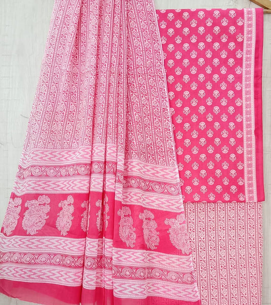 Pink & White Coloured Unstitched Pure Cotton Hand Block Printed Women Party/Daily wear Dress Material Suit- Top with Bottom & Cotton Dupatta!!