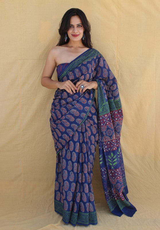 Blue & Multi Coloured Beautiful Hand Block printed Women Daily/Party wear Pure Cotton Saree with Blouse!!