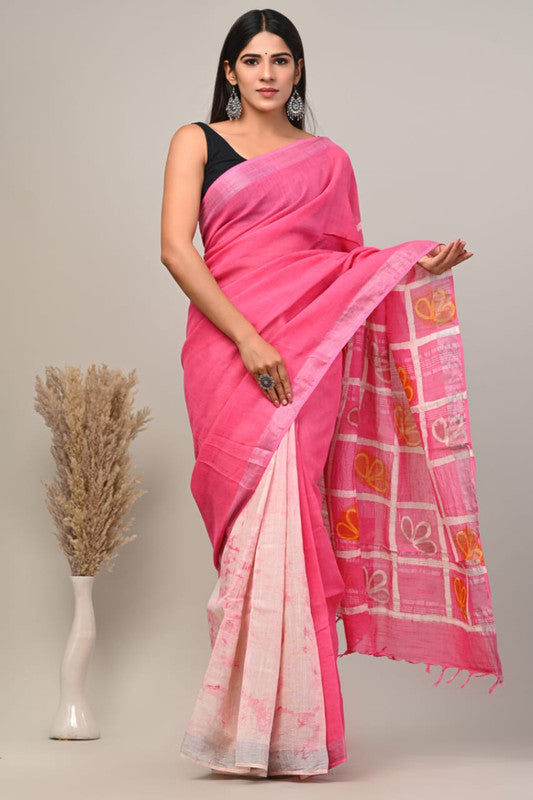 Pink & Off White Coloured Exclusive Hand Block printed Women Daily/Party wear Linen Cotton Saree with Blouse!!