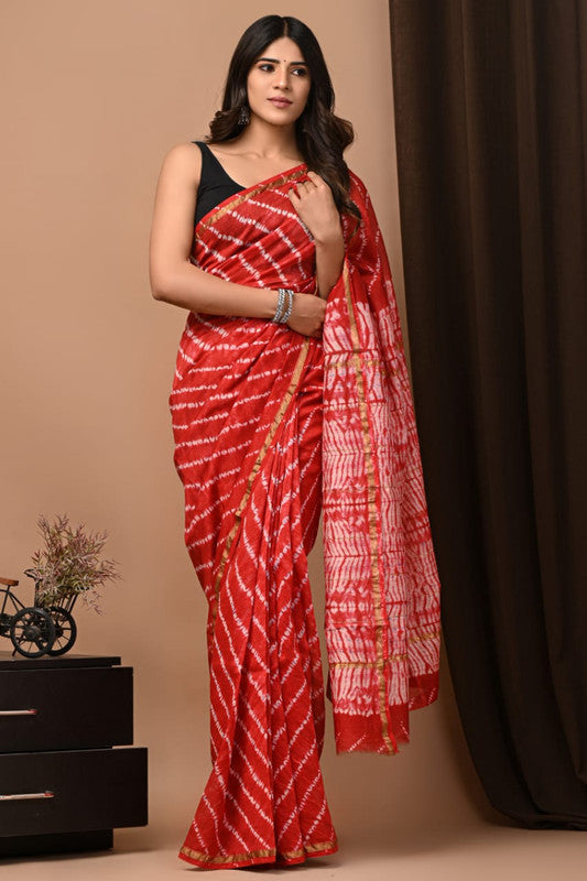 Red & Off White Coloured Hand Block Printed Women Designer Party wear Chanderi Cotton Silk Saree with Runnin Blouse!!