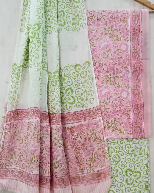 Light Pink & Green Coloured Unstitched Pure Cotton Hand Block Printed Women Party/Daily wear Dress Material Suit- Top with Bottom & Cotton Dupatta!!