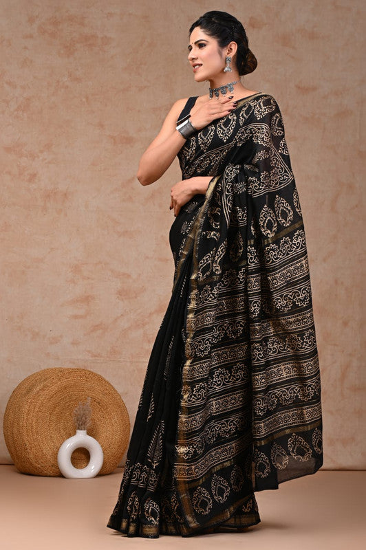 Black & Multi Coloured Hand Block Printed Women Designer Party wear Maheshwari Cotton Silk Saree with Runnin Blouse!!