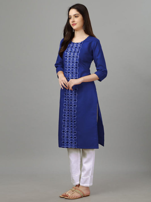 Dark Blue Coloured Pure Cotton with Embroidery work Women Designer Daily wear Kurti!!