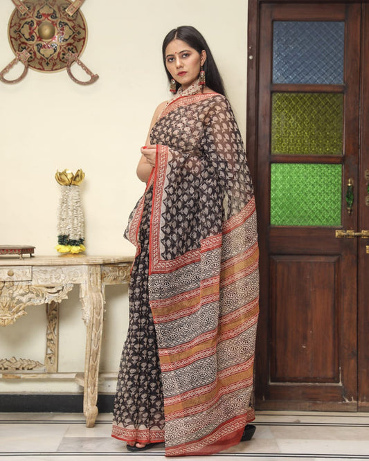 Multi Coloured Kota Doria Hand Block Printed Cotton Saree with Blouse!!