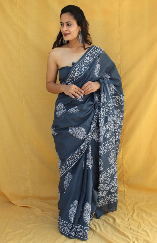 Grey & White Coloured Beautiful Hand Block printed Women Daily/Party wear Pure Cotton Saree with Blouse!!