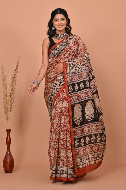 Brick Red & Multi Coloured Hand Block Printed Women Designer Party wear Chanderi Cotton Silk Saree with Runnin Blouse!!