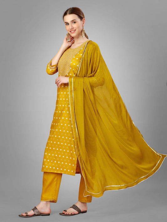 Glden Coloured With Embroidery & Sequence Work Women Designer Party/Casual wear Silk Blend Kurti with Pant & Dupatta!!