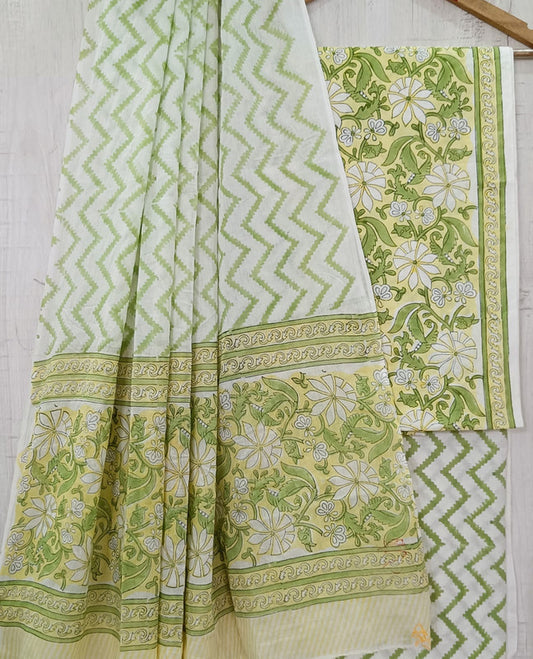 Light Green & White Coloured Unstitched Pure Cotton Hand Block Printed Women Party/Daily wear Dress Material Suit- Top with Bottom & Cotton Dupatta!!