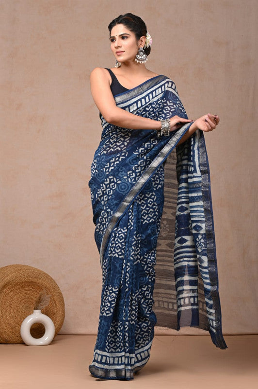 Blue & White Coloured Hand Block Printed Women Designer Party wear Maheshwari Cotton Silk Saree with Runnin Blouse!!