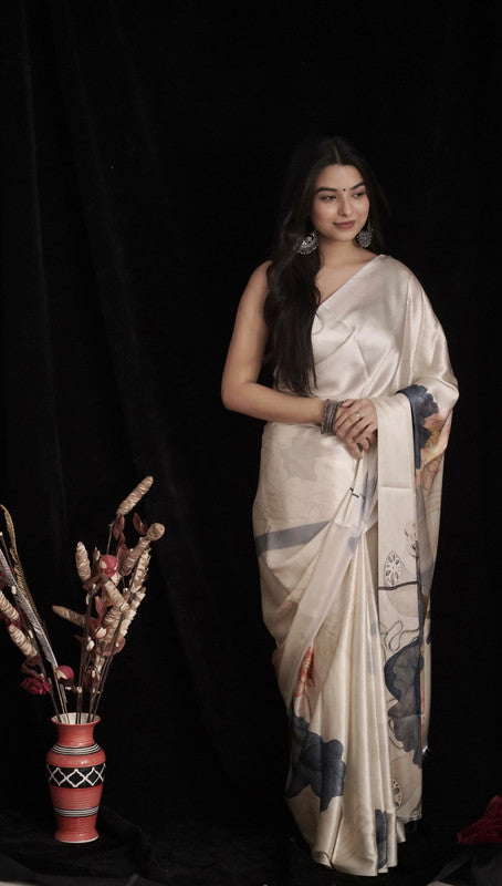 Organza With Digital Print Cream Heavy Japan Satin Saree - Shopping Raja