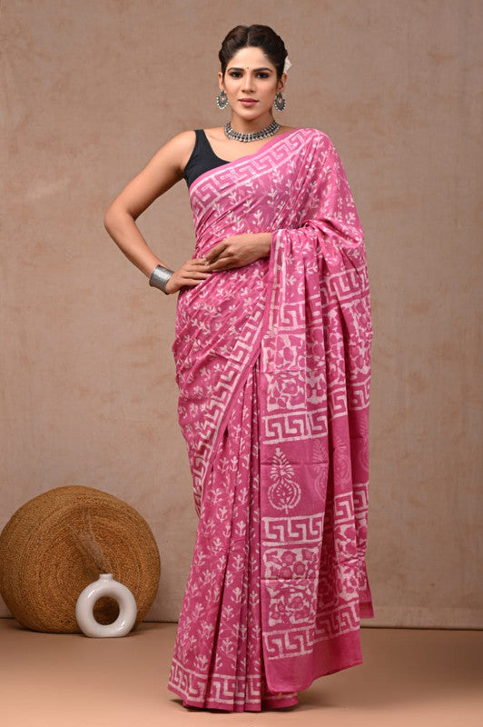 Pink & White Coloured Hand Block Bagru, Dabu & Batik Dye Print Women Designer Party wear Pure Cotton Saree with Runnin Blouse!!