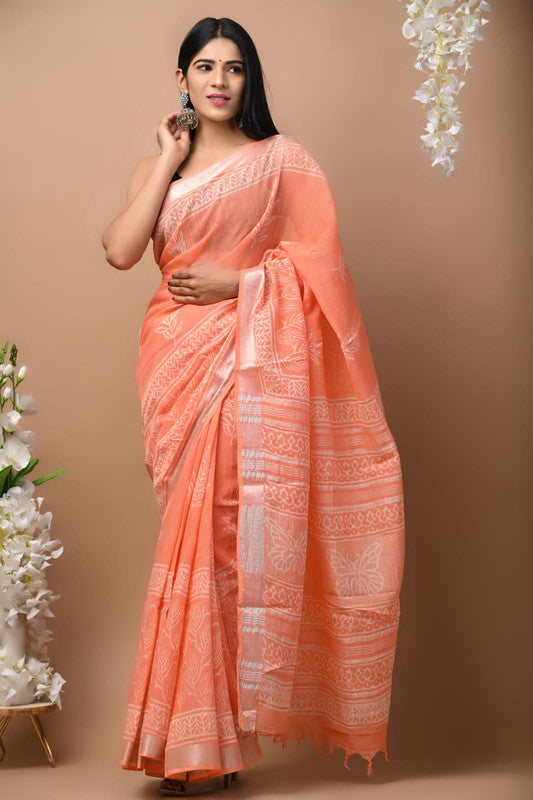 Peach & Off White Coloured Exclusive Hand Block printed Women Daily/Party wear Linen Cotton Saree with Blouse!!