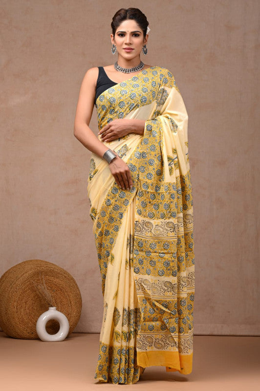 Yellow & Multi Coloured Hand Block Bagru, Dabu & Batik Dye Print Women Designer Party wear Pure Cotton Saree with Runnin Blouse!!