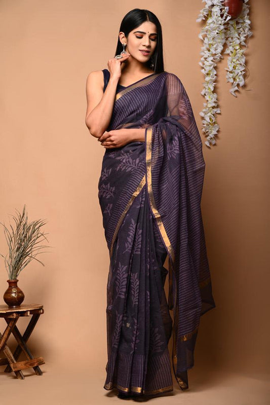 Navy Blue & Off White Coloured Beautiful Hand Block printed Women Daily/Party wear Kota Doriya Cotton Saree with Blouse!!