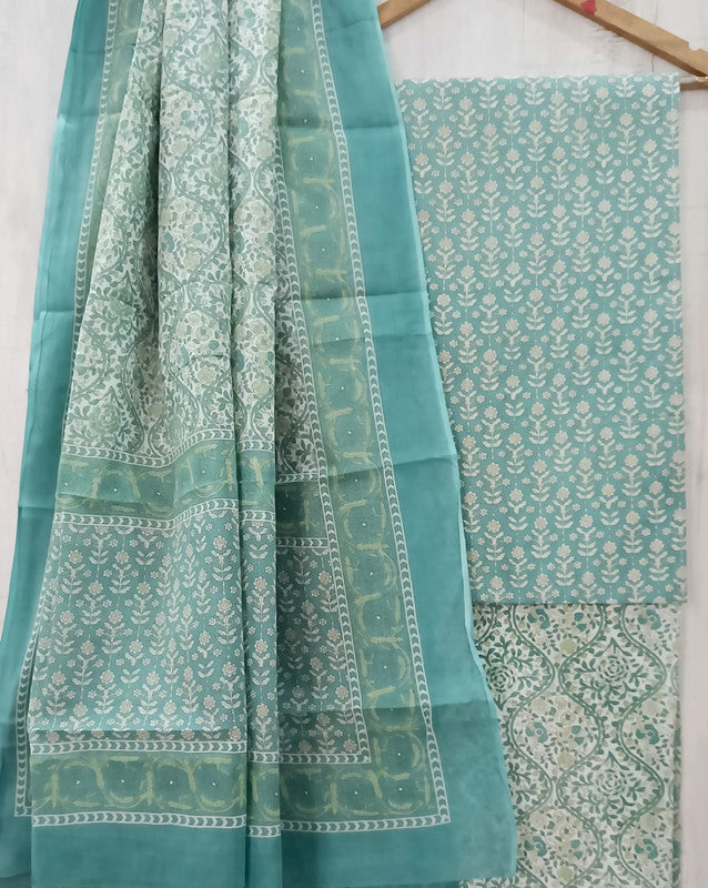 Rama Blue & White Coloured Unstitched Pure Cotton Hand Block Printed Women Party/Daily wear Dress Material Suit- Top with Bottom & Cotton Dupatta!!