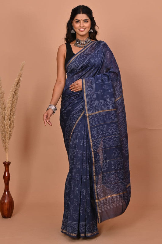 Navy Blue & Off White Coloured Hand Block Printed Women Designer Party wear Chanderi Cotton Silk Saree with Runnin Blouse!!