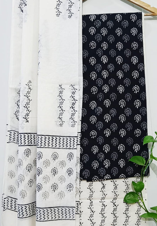 Black & White Coloured Unstitched Pure Cotton Hand Block Printed Women Party/Daily wear Dress Material Suit- Top with Bottom & Cotton Dupatta!!