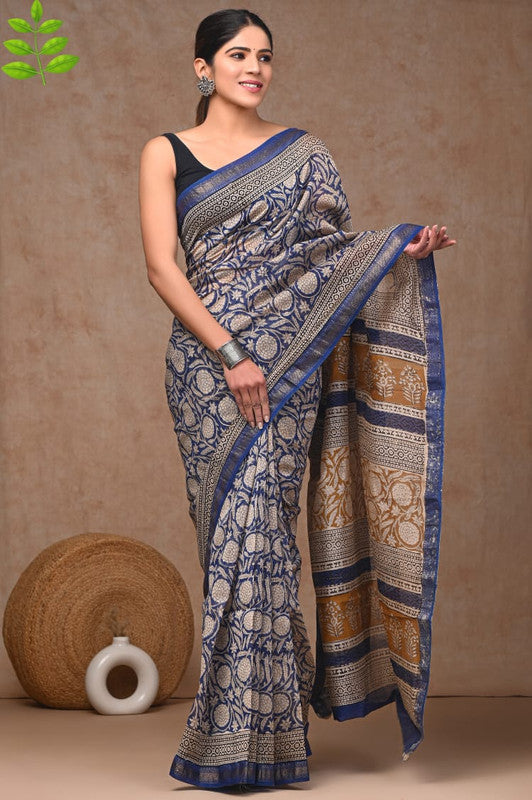 Blue & Multi Coloured Hand Block Printed Women Designer Party wear Maheshwari Cotton Silk Saree with Runnin Blouse!!