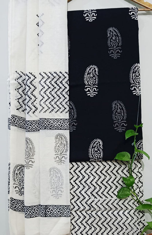 Black & White Coloured Unstitched Pure Cotton Hand Block Printed Women Party/Daily wear Dress Material Suit- Top with Bottom & Cotton Dupatta!!