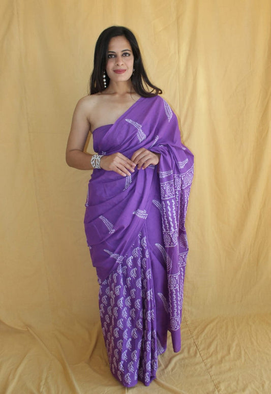 Purple & White Coloured Beautiful Hand Block printed Women Daily/Party wear Pure Cotton Saree with Blouse!!